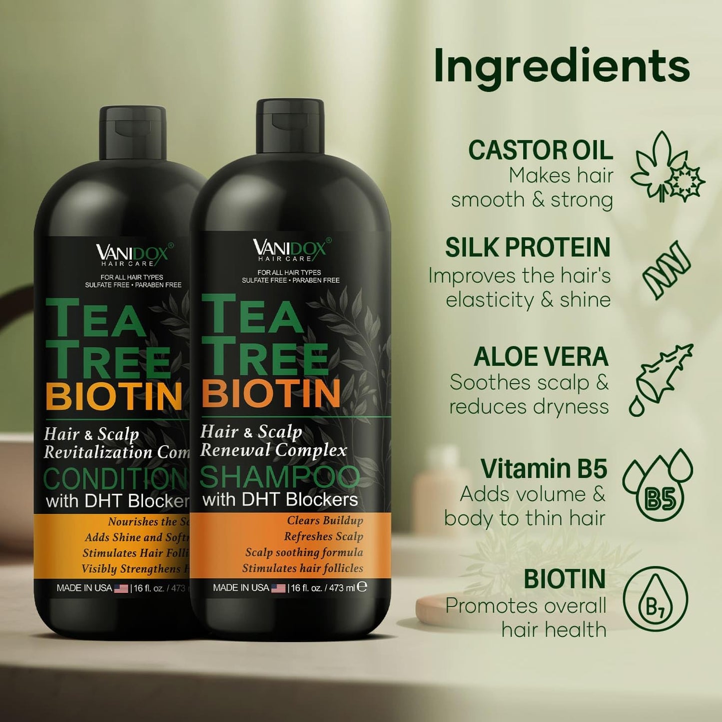 Tea Tree Oil Shampoo and Conditioner Set with Biotin, DHT Blockers, Itchy Scalp Relief, Supports Thicker-Looking Hair, Cleanses Dandruff & Buildup Beauty & Personal Care VANIDOX