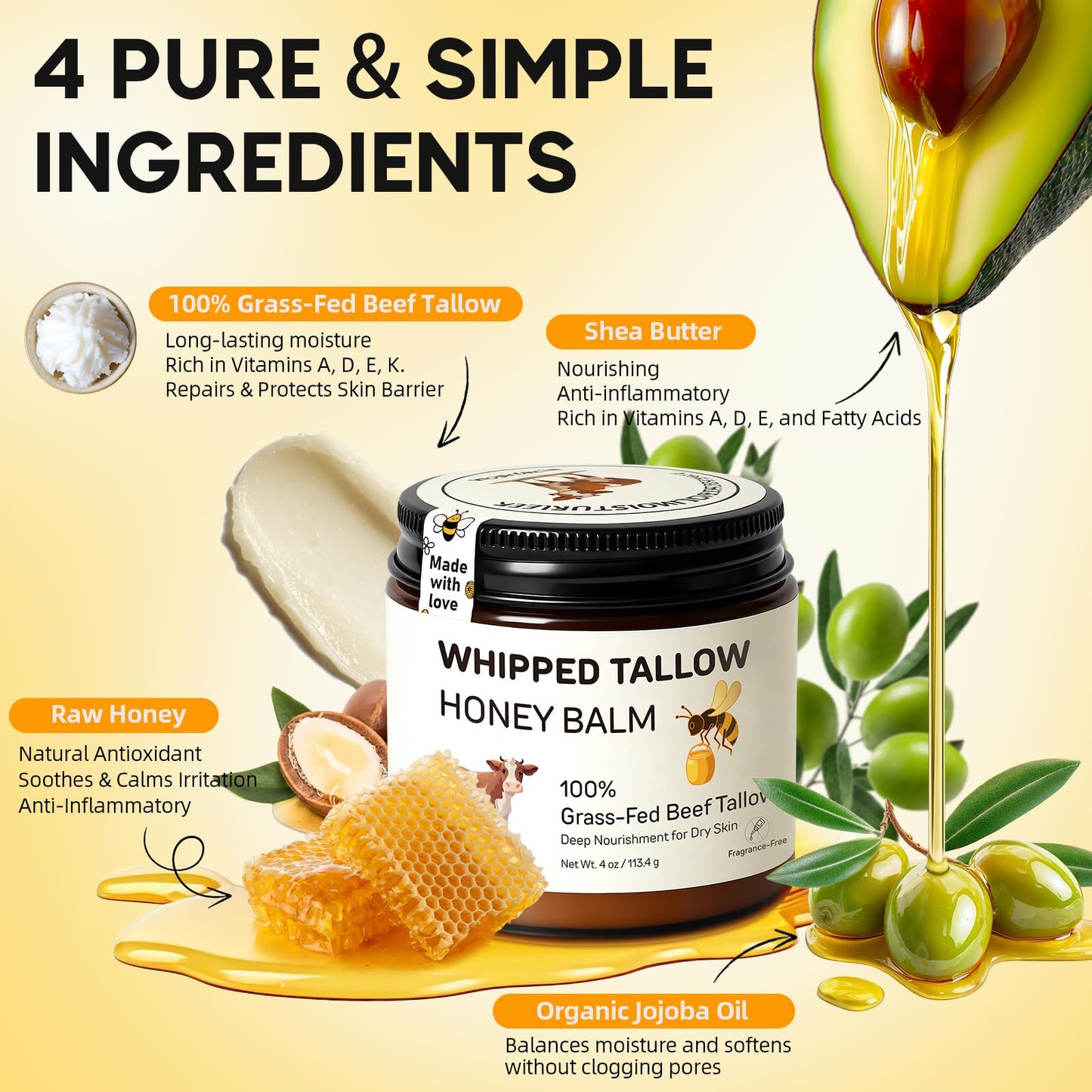 Starwise Beef Tallow for Skin, 100% Grass-Fed Whipped Beef Tallow and Honey Balm, Moisturizer for Face & Body, Natural Formula with Organic Jojoba Beauty & Personal Care Starwise