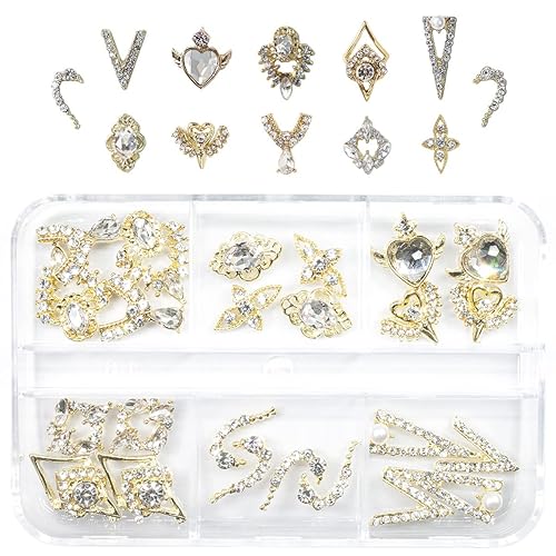 qiipii 12 Pair 3D Alloy Gold Nail Art Rhinestones - Heart Shaped Nail Charms, Golden Nail Crystal Diamonds Jewelry Stones Studs for Nails Decor Crafts Beauty & Personal Care qiipii