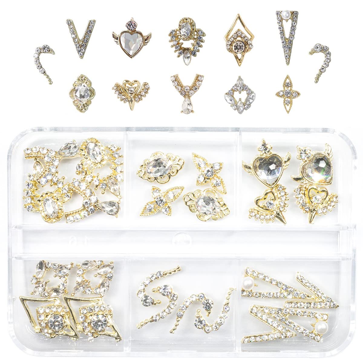 qiipii 12 Pair 3D Alloy Gold Nail Art Rhinestones - Heart Shaped Nail Charms, Golden Nail Crystal Diamonds Jewelry Stones Studs for Nails Decor Crafts Beauty & Personal Care qiipii