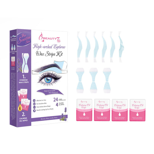 Beauty7 Sensitive High Arched Eyebrow Wax Strips, Facial Hair Removal, 24 Eyebrow Waxing Strips, 4 Calming Oil Wipes, for Sensitive Skin Types Beauty and Personal Care Beauty7