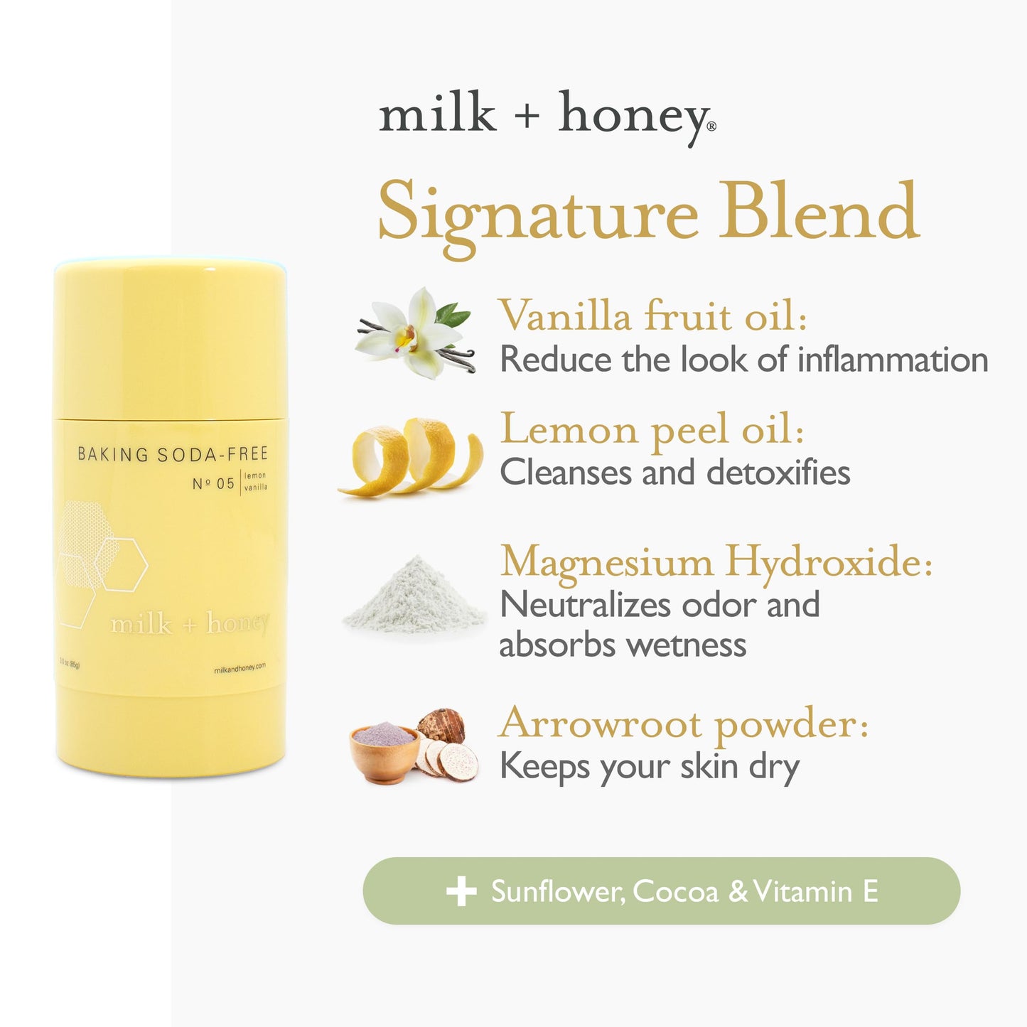 milk + honey Deodorant No. 05 - Baking Soda Free, Aluminum-Free Natural Deodorant for Women & Men, Lemon and Vanilla Scent, 2.6 oz Beauty and Personal Care milk + honey