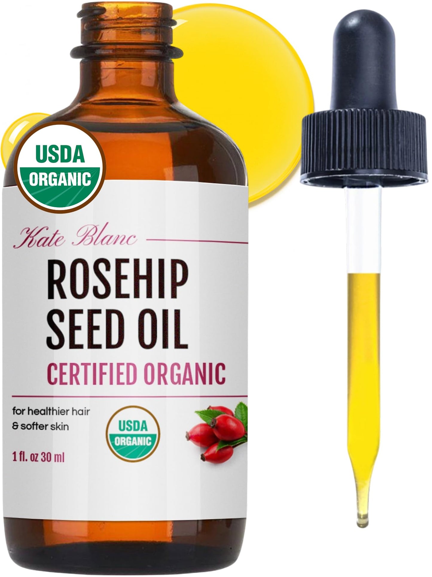 Kate Blanc Cosmetics Rosehip Seed Oil for Face, 100% Pure Organic | Cold Pressed Unrefined Rose Hip Facial Oil for Skin, Hair & Gua Sha Massage (1oz) Beauty and Personal Care Kate Blanc Cosmetics Default Title