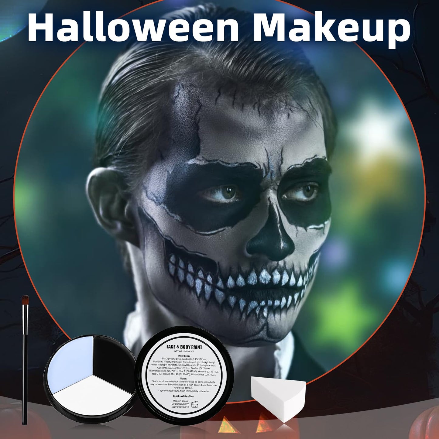 VPCRT6 White Black Blue Halloween Face Body Paint with 3PCS Sponge and 1PC Brush, for Baseball, Sports(Eye Black) & Halloween, Face Painting Kit Beauty & Personal Care VPCRT6