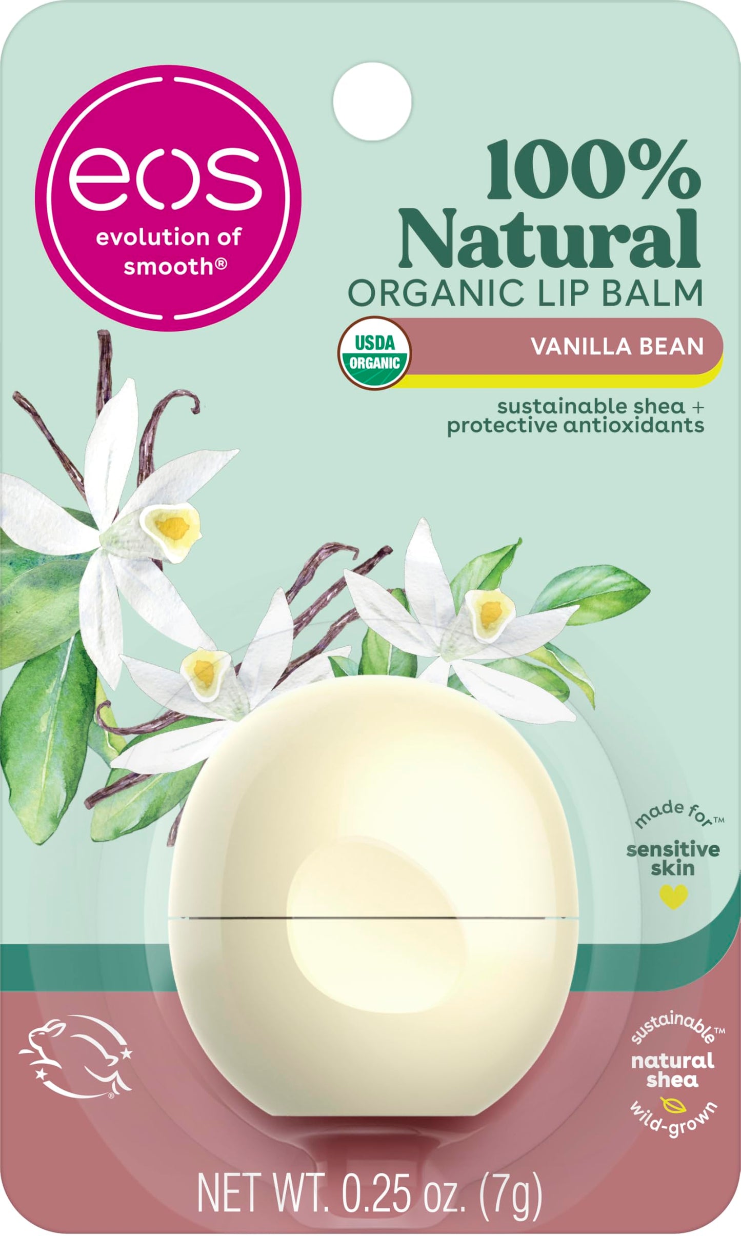 eos 100% Natural & Organic Lip Balm Sphere - Vanilla Bean, All-Day Moisture, Dermatologist Recommended for Sensitive Skin Care, Lip Care Products Beauty and Personal Care eos