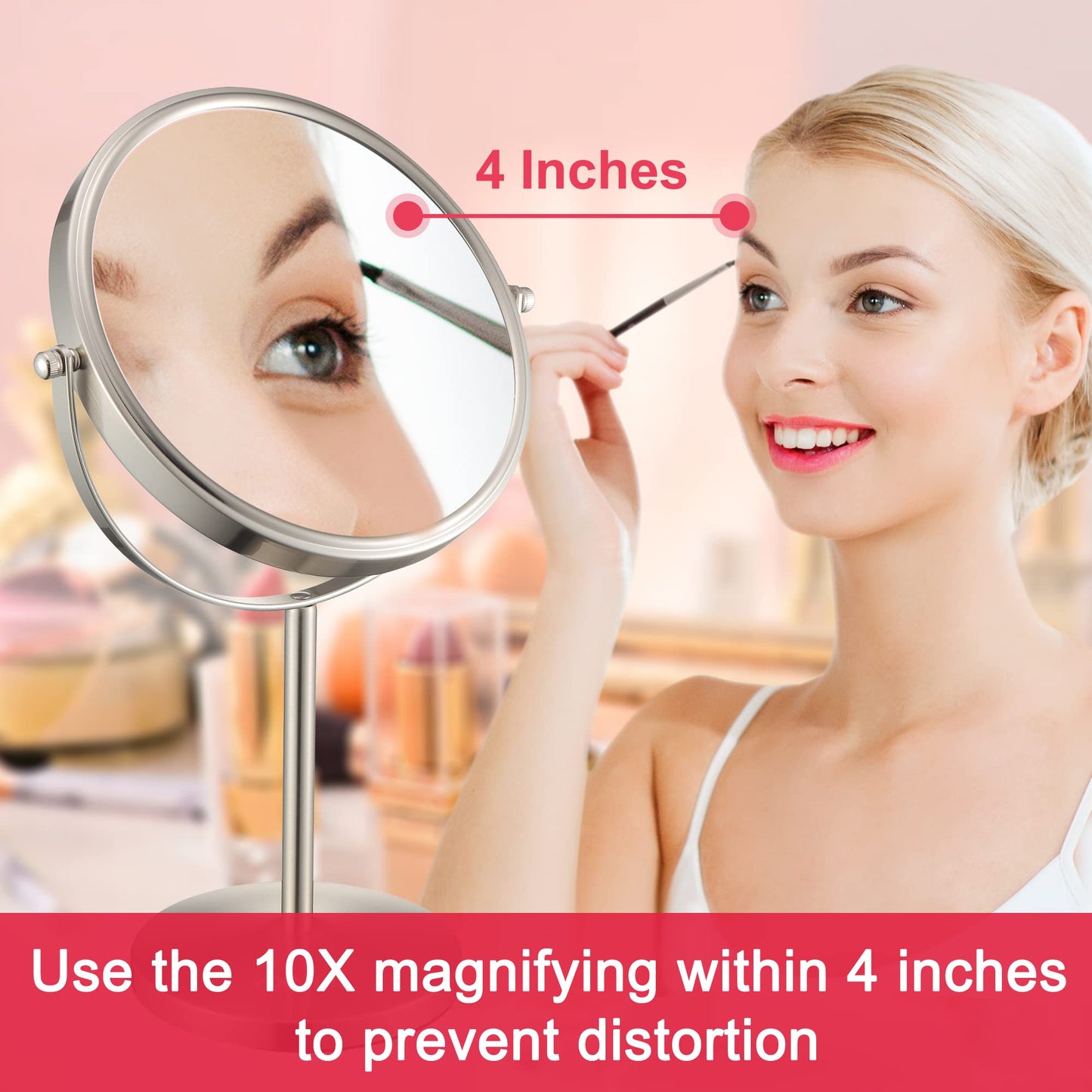 ALHAKIN 10x Magnifying Makeup Mirror, 8 Inch Tabletop Mirror with 1X/10X Magnification Double Sided, Standing Bathroom Makeup Mirror for Desk, Nickel Beauty & Personal Care ALHAKIN