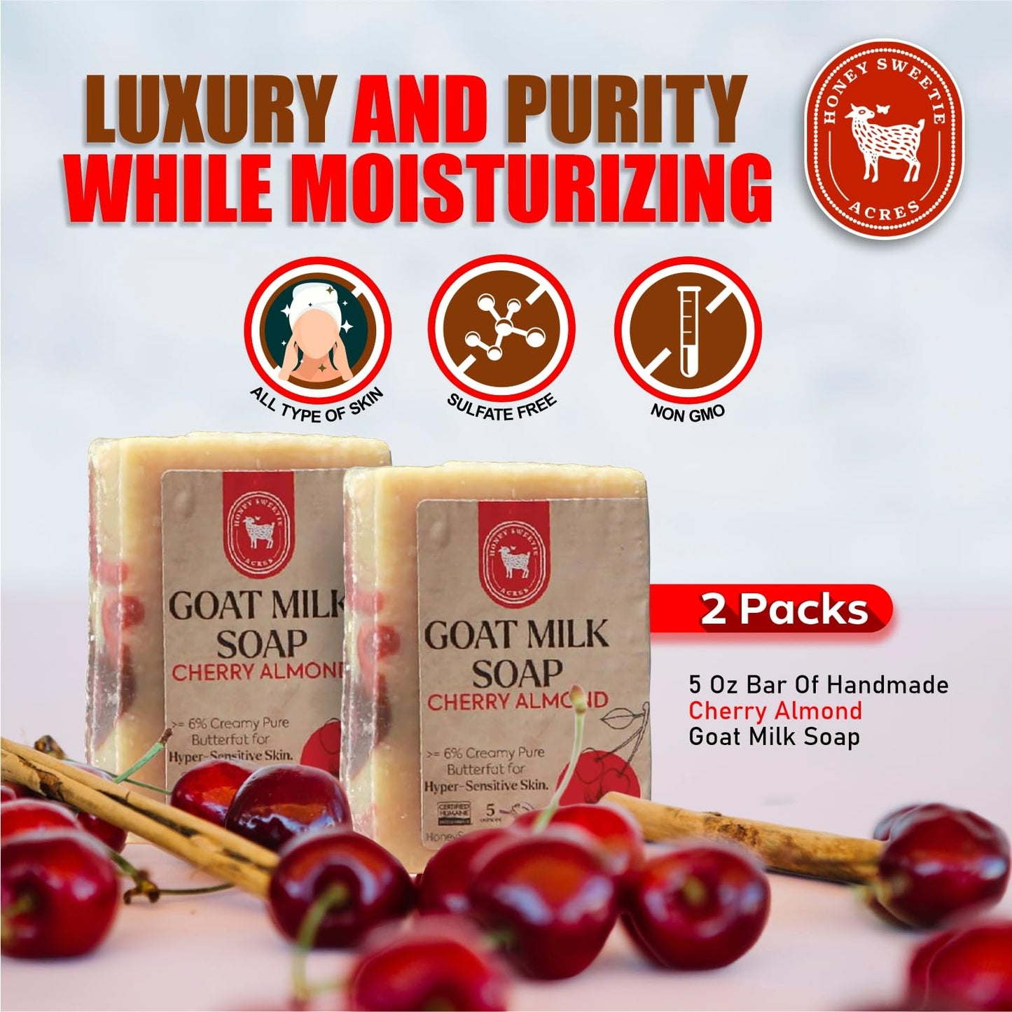Honey Sweetie Acres 2-Pack of Cherry Almond Goat Milk Soap - Handmade 5 oz Bar, Made with Natural Ingredients, Moisturizing & Gentle, Made in the USA Beauty & Personal Care Honey Sweetie Acres