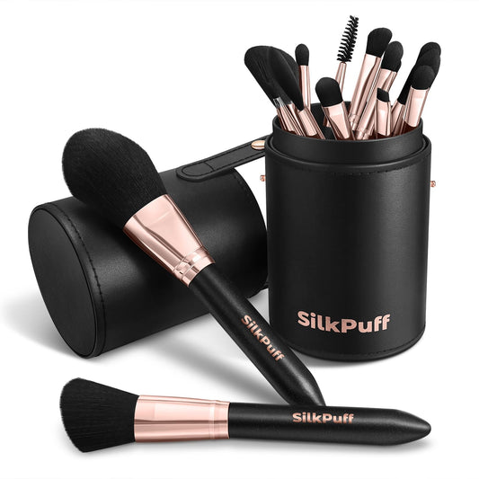 Silkpuff Makeup Brushes Set 15 Pcs Professional, Travel Makeup Brushes With Brush Case, Pearlescent Wood Handle, Premium Cruelty-Free Synthetic Fiber