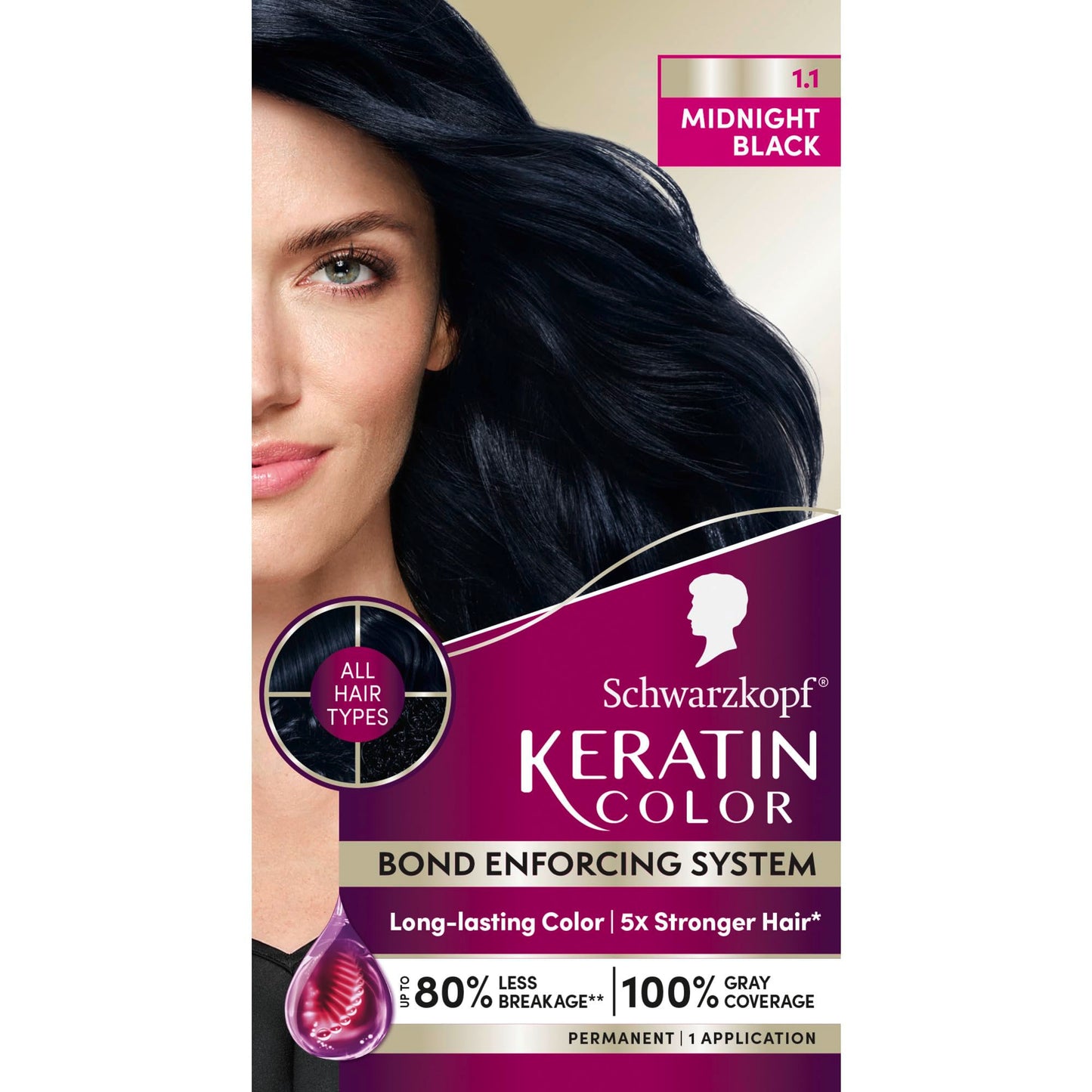 Schwarzkopf Keratin Permanent Hair Dye Cream, 1.1 Midnight Black, Professional Quality Color for Up to 100% Gray Coverage, Bond Enforcing System Beauty & Personal Care Schwarzkopf