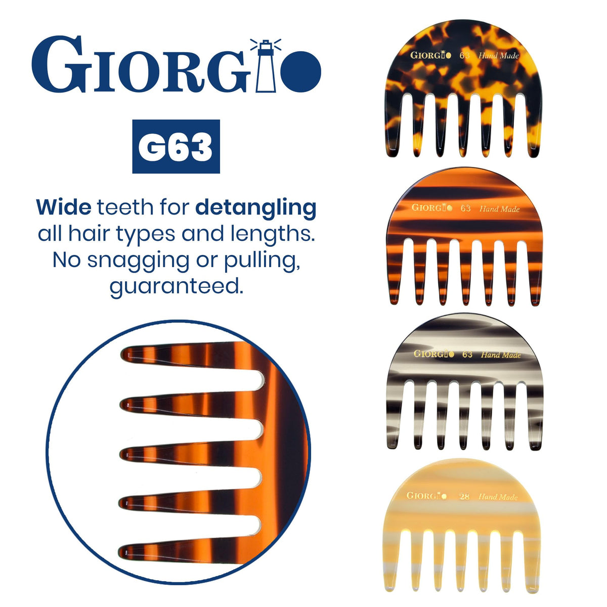 Giorgio G63 Detangling Comb for Women - Wide Tooth, Pocket and Travel Size for Thick Hair, Wet or Dry Everyday Care. Handmade, Saw-Cut, and Polished