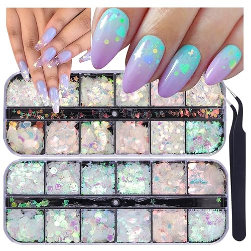 UARUOGP 24 Grids Holographic Nail Sequins and 1 Pcs Tweezers,Iridescent Mermaid Flakes Ultra-Thin Colorful Flakes Glitter Sticker,DIY Face Body Eyes Beauty & Personal Care UARUOGP