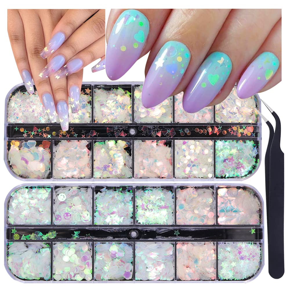 UARUOGP 24 Grids Holographic Nail Sequins and 1 Pcs Tweezers,Iridescent Mermaid Flakes Ultra-Thin Colorful Flakes Glitter Sticker,DIY Face Body Eyes Beauty & Personal Care UARUOGP