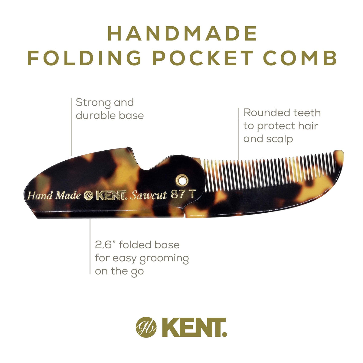 Kent 87T TY Handmade Folding Pocket Comb for Men, Fine Tooth Hair Comb Straightener for Everyday Grooming Styling Hair, Beard or Mustache, Use Dry or