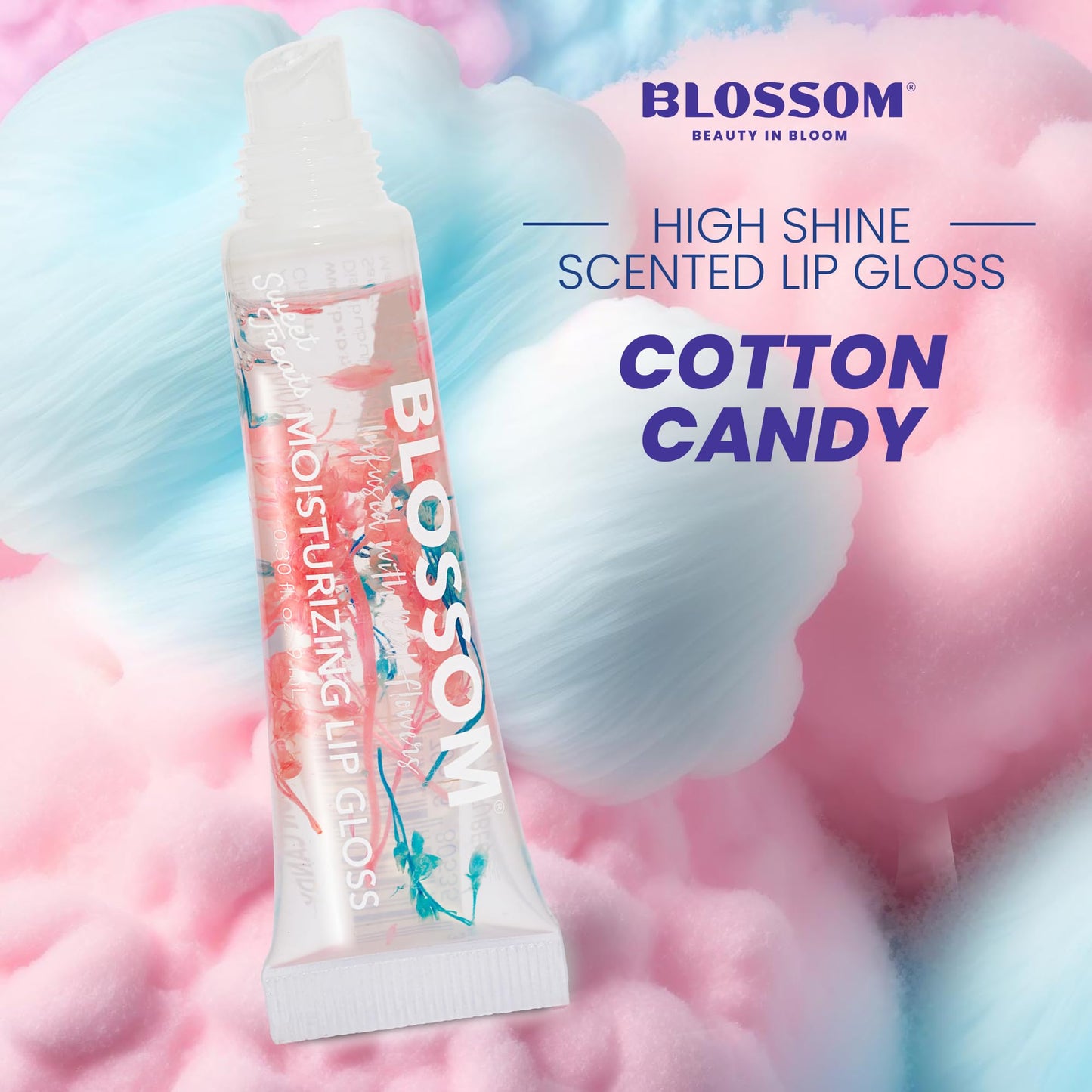 Blossom Lip Gloss Tubes, Cotton Candy Scented Thick Clear High Shine Moisturizing Flower Lip Gel with Nourishing Jojoba Seed Oil, Infused with Real Beauty & Personal Care Blossom