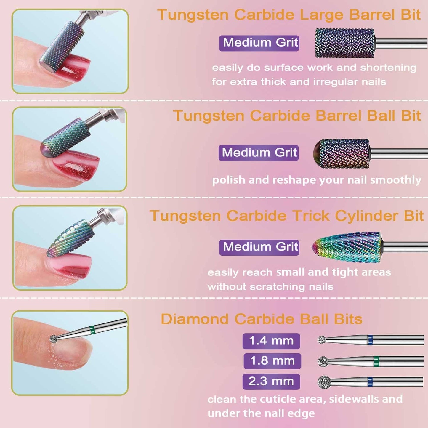 Nail Drill Bits Set, 3/32" Ceramic Tungsten Carbide Diamond Drill Kit,30Pcs Safety Professional Rotary Burrs Polish Nail File Bit for Acrylic Poly Beauty & Personal Care Bunhum