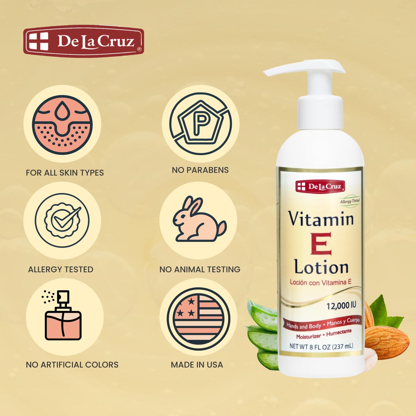 De La Cruz Vitamin E Lotion for Dry Skin 12,000 IU with Avocado Oil, Almond Oil & Aloe Vera.vitamin e moisturizer, Moisturizing body lotion and face Beauty & Personal Care De La Cruz