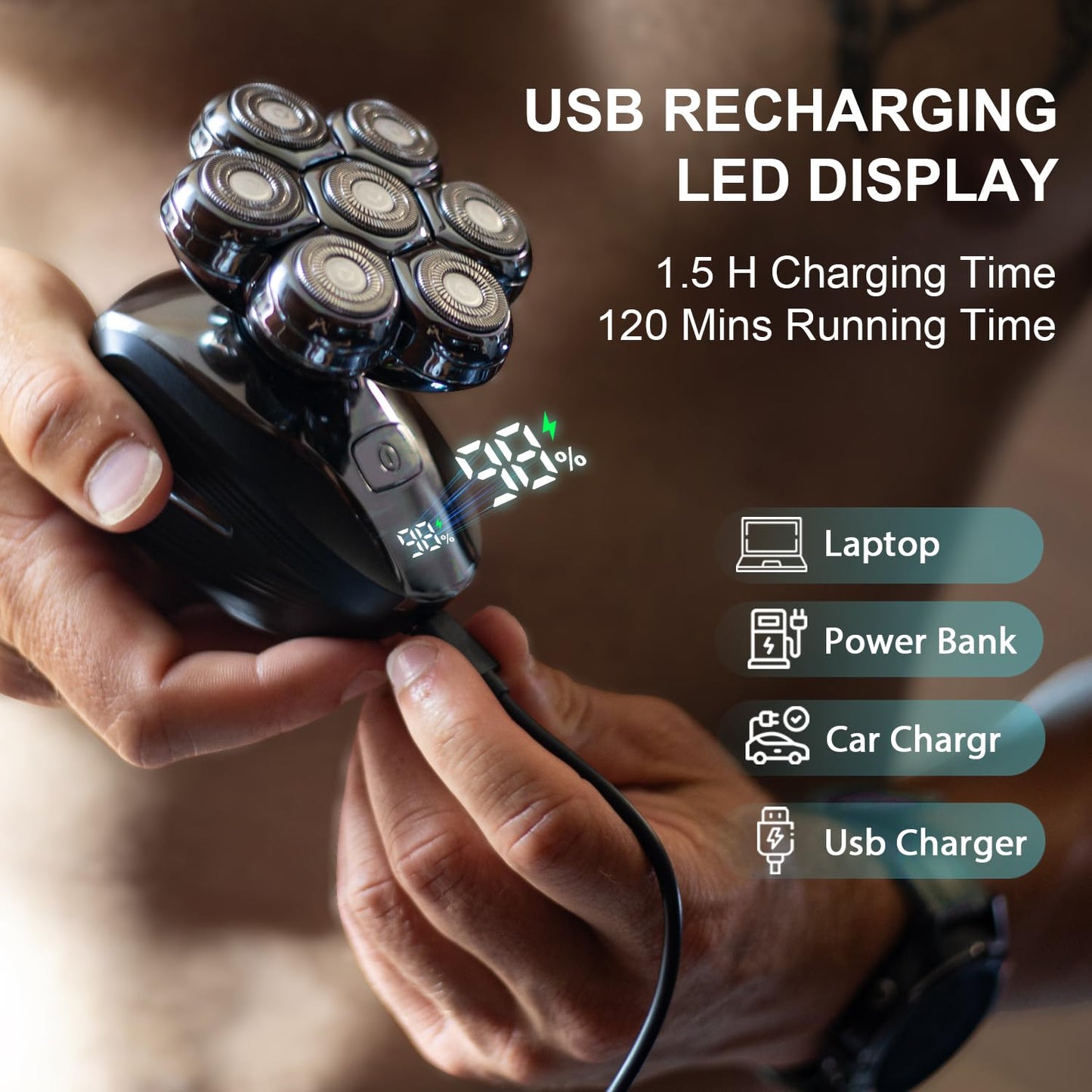 Head Shavers for Bald Men: Upgraded Detachable Head Shaver - IPX7 Waterproof Wet or Dry Electric Razor for Men - 7D LED Display Rechargeable Shaving Beauty and Personal Care Cyruzi