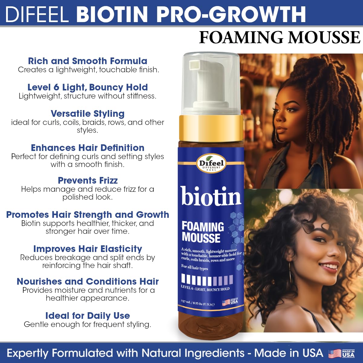 Difeel Biotin Foaming Mousse 8 oz. - Curly Hair Biotin Thickening Mousse, Ideal for Curls, Rows, Braids, and Coils Beauty & Personal Care Difeel