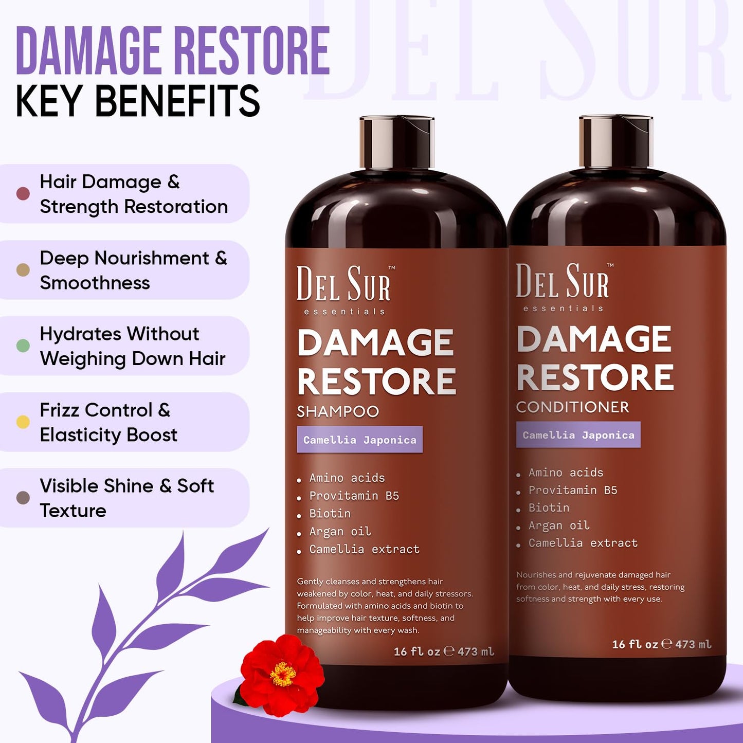 DEL SUR Hair Repair Shampoo and Conditioner Set | 16 fl oz Each | with Camellia Japonica, Amino Acids, Biotin & Argan Oil | Moisturizing Strength Beauty & Personal Care DEL SUR