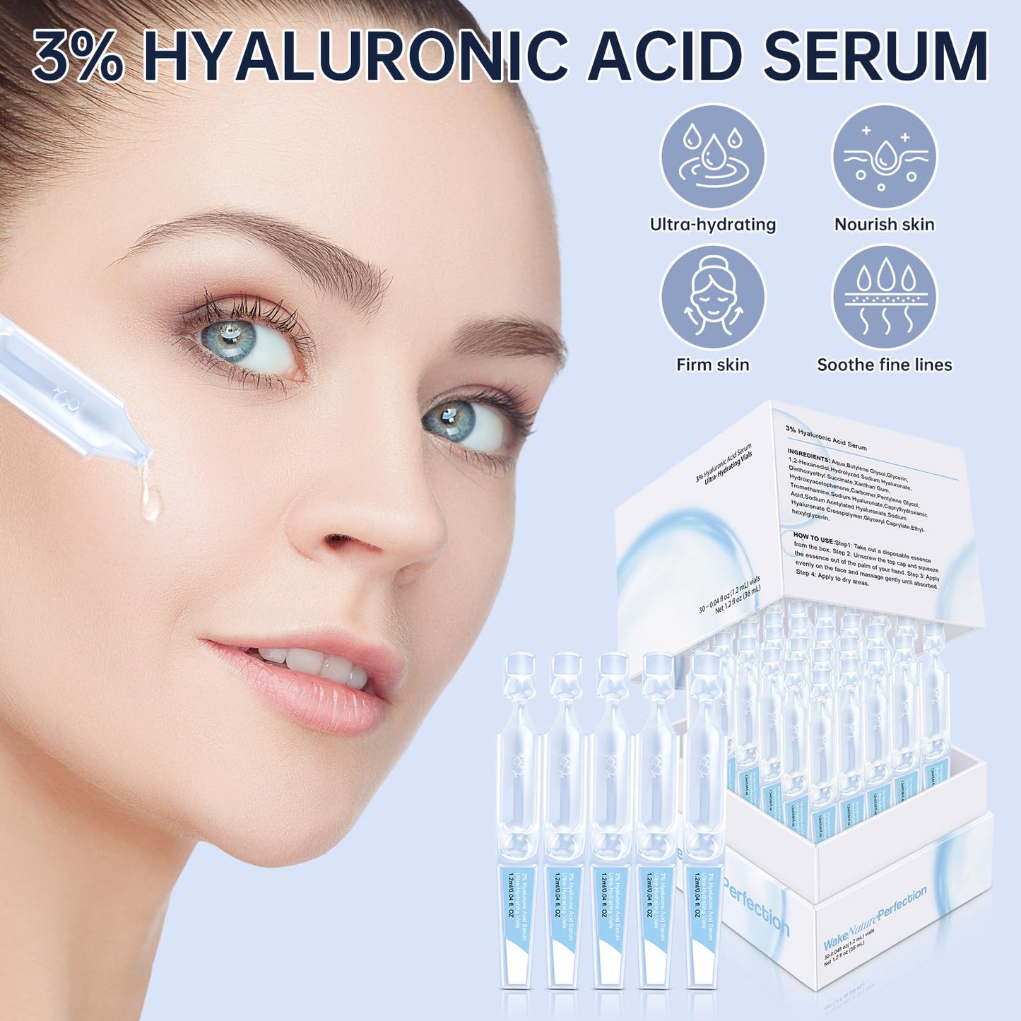3% Hyaluronic Acid Serum Ultra-Hydrating Vials, 60pcs Hyaluronic Acid Tubes, Wake Nature Perfection, Hyaluronic Serum for Face, Ultra Hydrating Beauty & Personal Care mopayzer