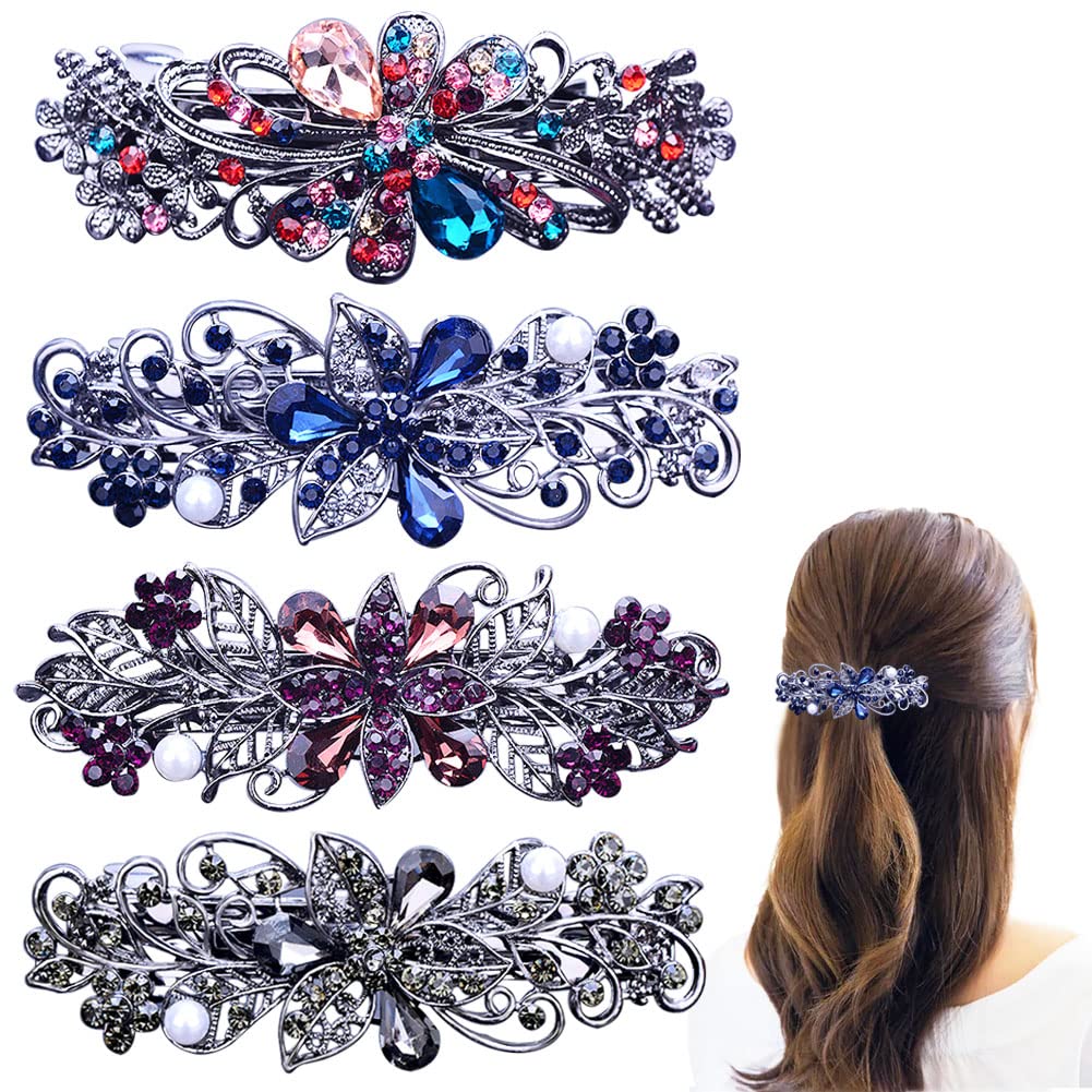 4 PCS Hair Barrettes for Women Ladies, Flower Crystal Rhinestones Barrette Pearl Spring Hair Clip Accessories Women Fashion Ponytail Holders Barrette Beauty & Personal Care GeoGeoDIY