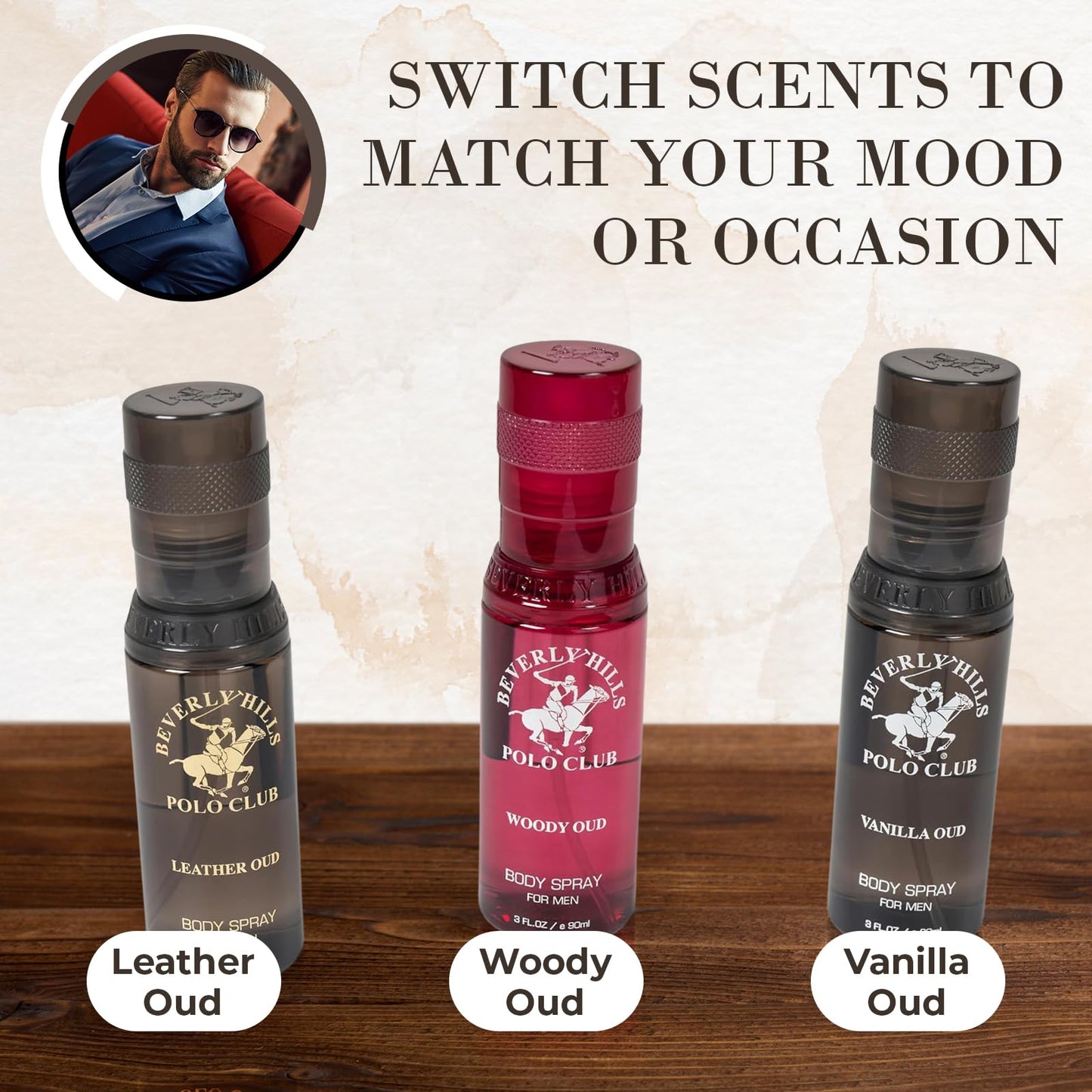 Beverly Hills Polo Club Mens Body Spray Gift Set - 3pc Collection of Oud Fragrances (Vanilla, Leather & Woody) in Sleek 3oz Bottles - Long-Lasting Beauty & Personal Care Beverly Hills Polo Club
