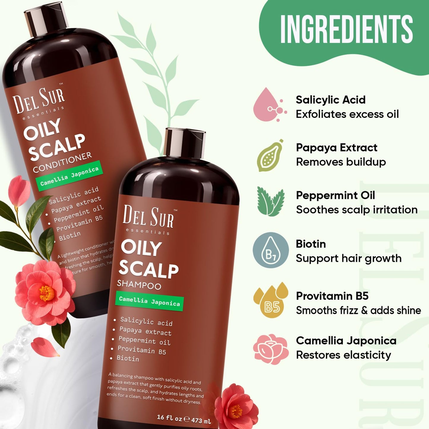 DEL SUR Clarifying Shampoo and Conditioner Set for Oily Hair | 16 fl oz | with Camellia Japonica, Salicylic Acid, Papaya & Biotin | Scalp Oil Control Beauty & Personal Care DEL SUR