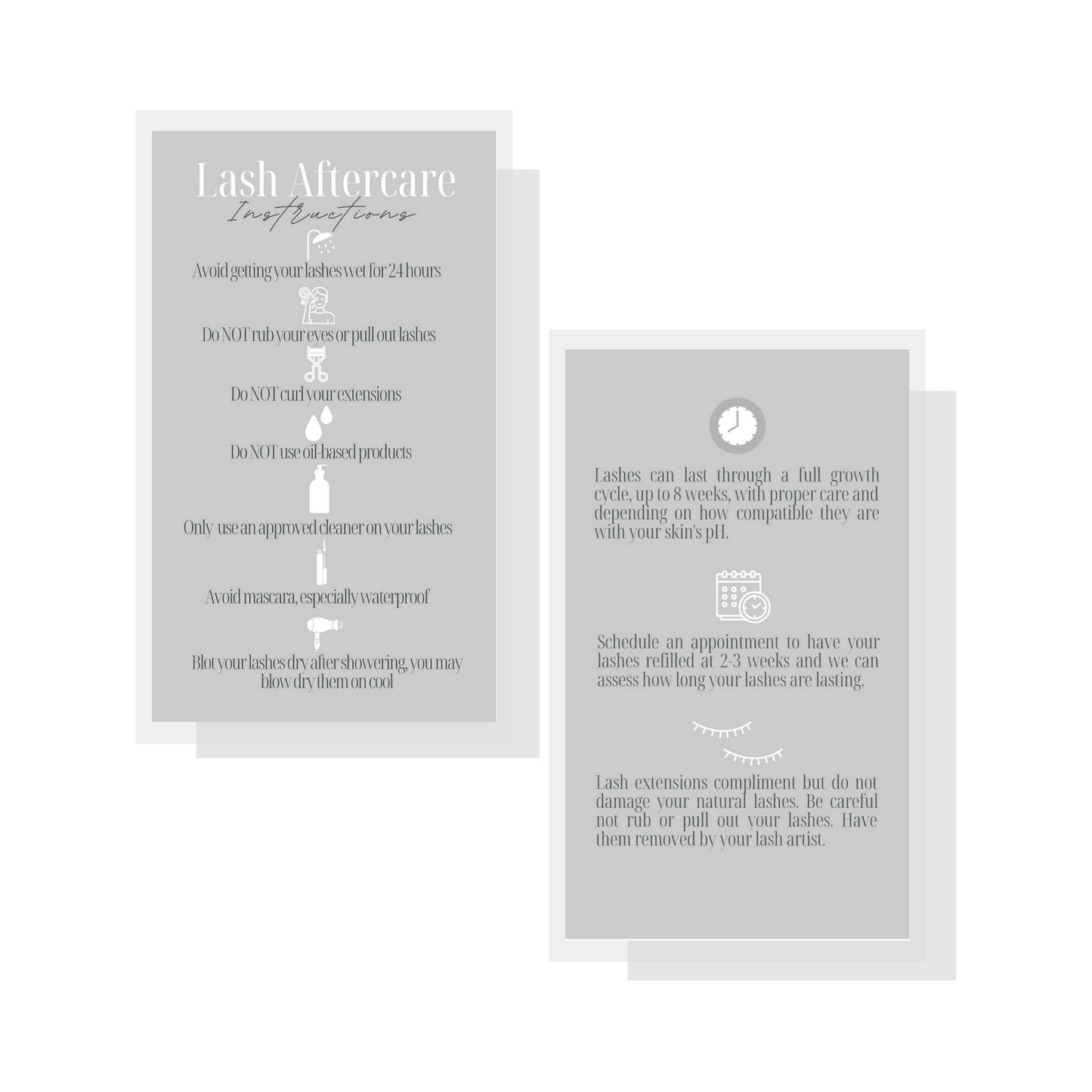 Lash Extension Aftercare Instructions Cards | 50 Pack | Double Sided Size 3.5 x 2" inches After Care (2-3 Week Fillers) | Gray with White Design Beauty & Personal Care Lashicorn