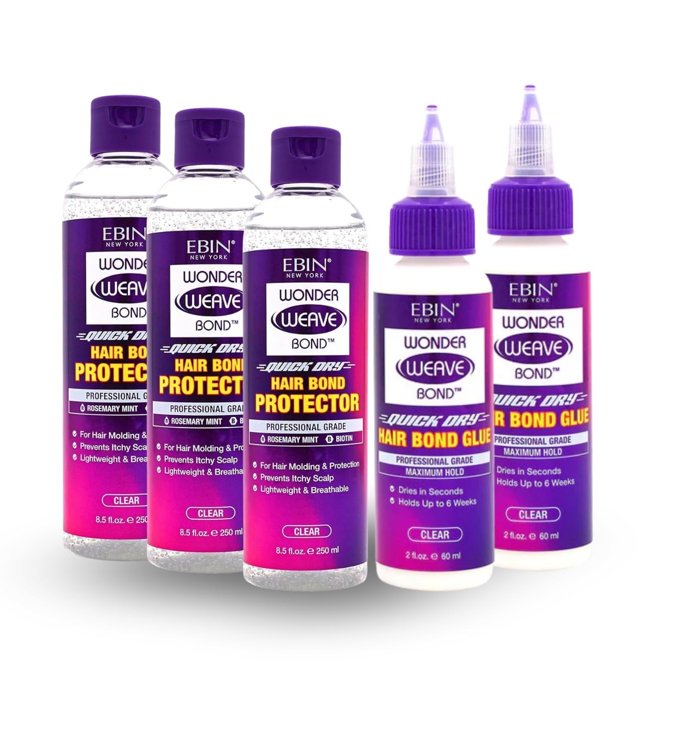 EBIN NEW YORK 3x Wonder Weave Bond Hair Protector (Clear) 8.5 oz Bundle with 2x Hair Bond Glue (Clear) 2 oz Protective Shield & Secure Hold - Seamless Beauty & Personal Care EBIN NEW YORK