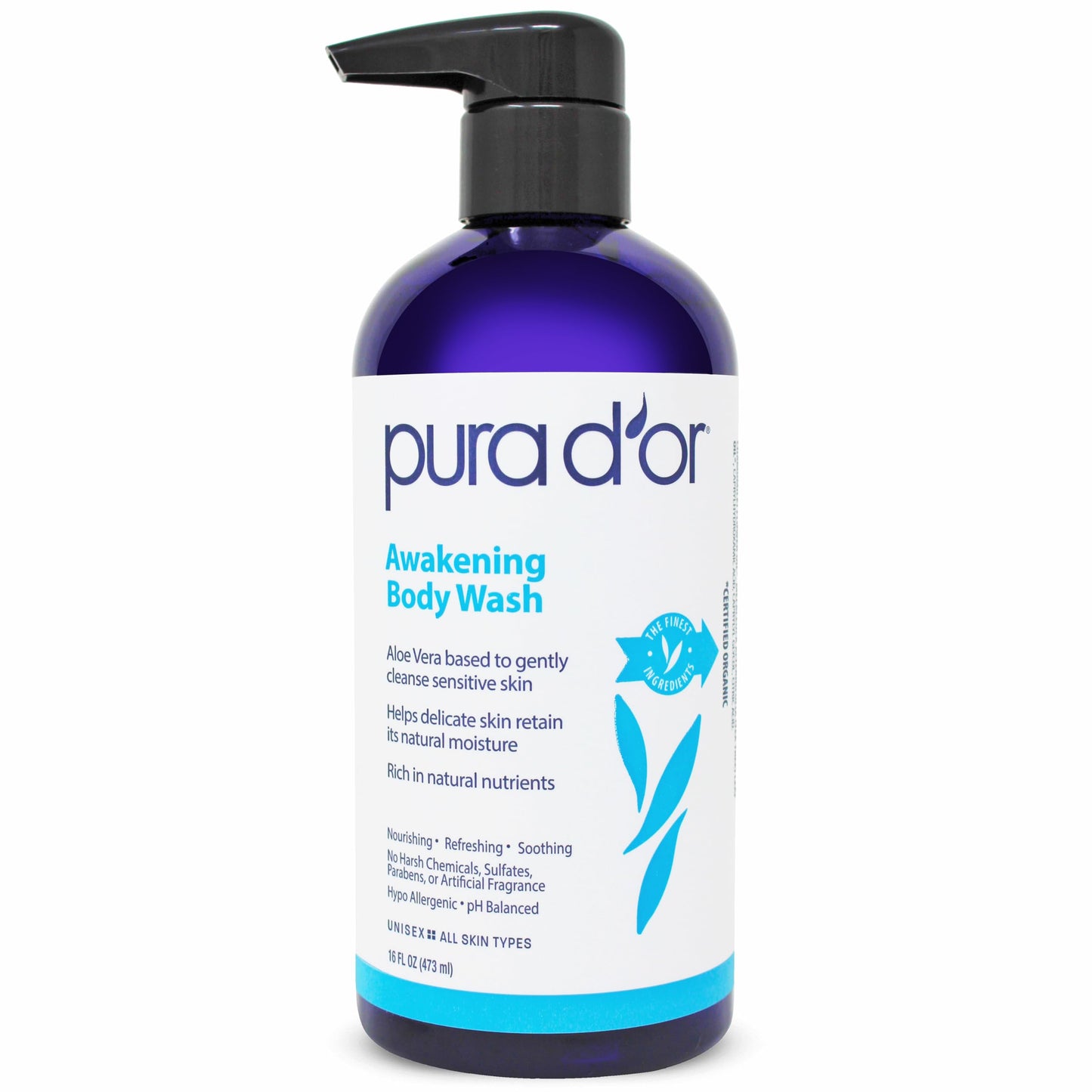 PURA D'OR 16 Oz Awakening Body Wash with Aloe Vera, Chamomile, Lavender, Tea Tree and Natural Nutrients - pH Balanced for Moisturized Soft Beauty & Personal Care PURA D'OR