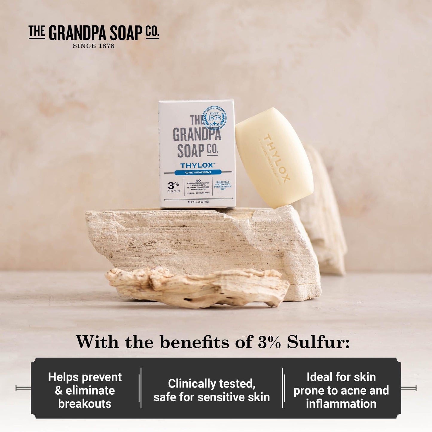 The Grandpa Soap Co. Thylox Acne Treatment Bar Soap - With 3% Natural Sulfur - Prevents and Eliminates breakouts - For Acne Prone Skin - Safe Beauty & Personal Care The Grandpa Soap Company