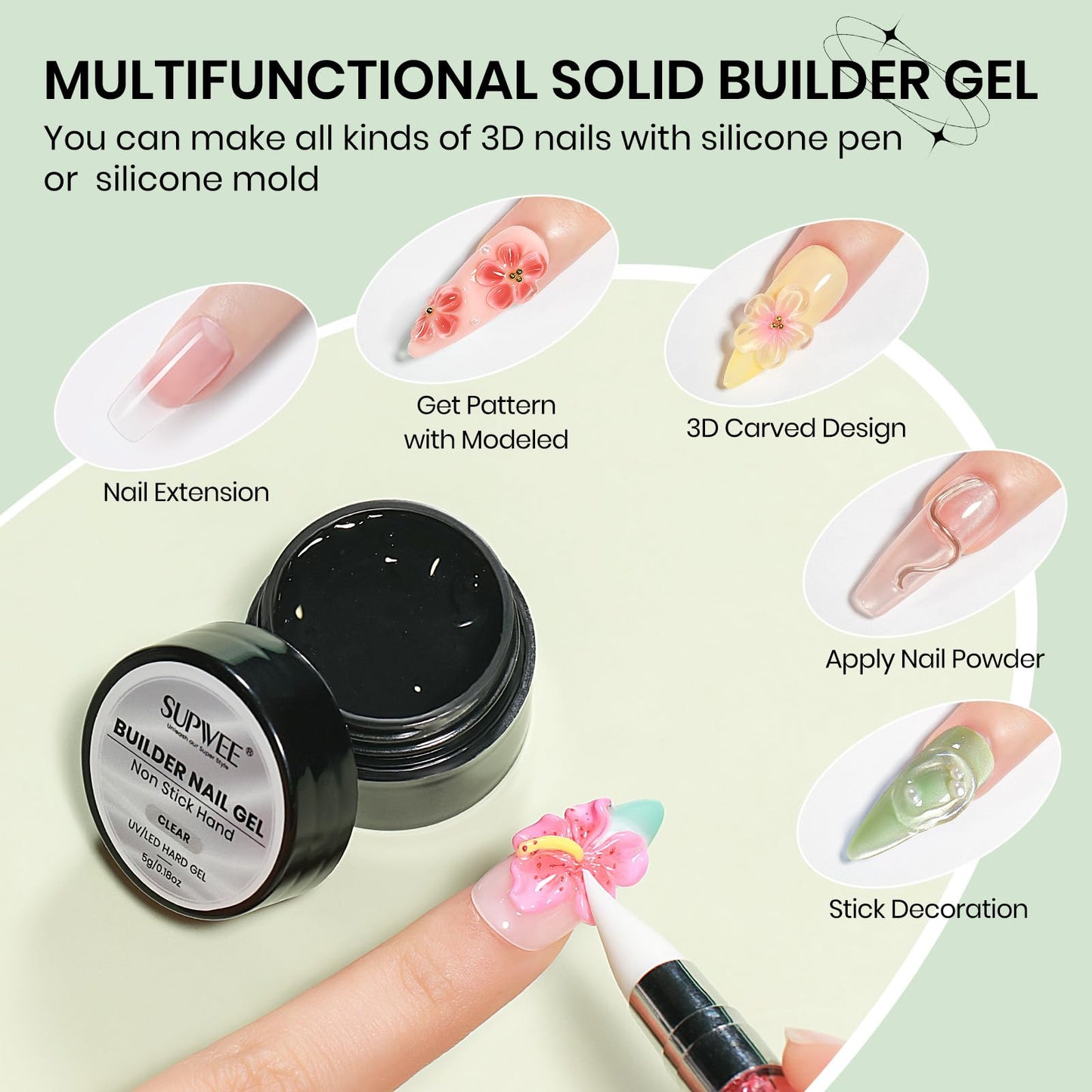 SUPWEE Clear 3D Gel Nail Art, 2PCS 3D Sculpting Gel for Nail Art Non Stick Hand Solid Builder Gels Home Manicure, Nail Salon, Nail Charms, Solid Beauty and Personal Care SUPWEE