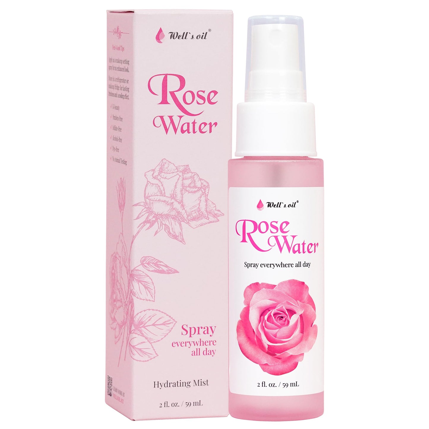Well's Oil Rosewater Face & Hair Mist Spray (2 fl oz / 59 mL) | Floral Rosewater Hydrosol | Alcohol-Free Beauty & Personal Care Well's Oil