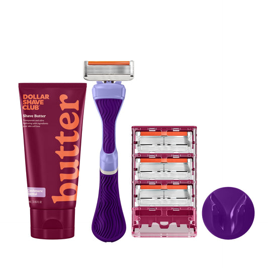 Dollar Shave Club For Women | 1 Purple Wavy Grip Handle, 4 Razor Refills, 1 Cashmere Santal Shave Butter, 1 Shower Hanger | Razors for Women, Womens Beauty and Personal Care Dollar Shave Club Default Title