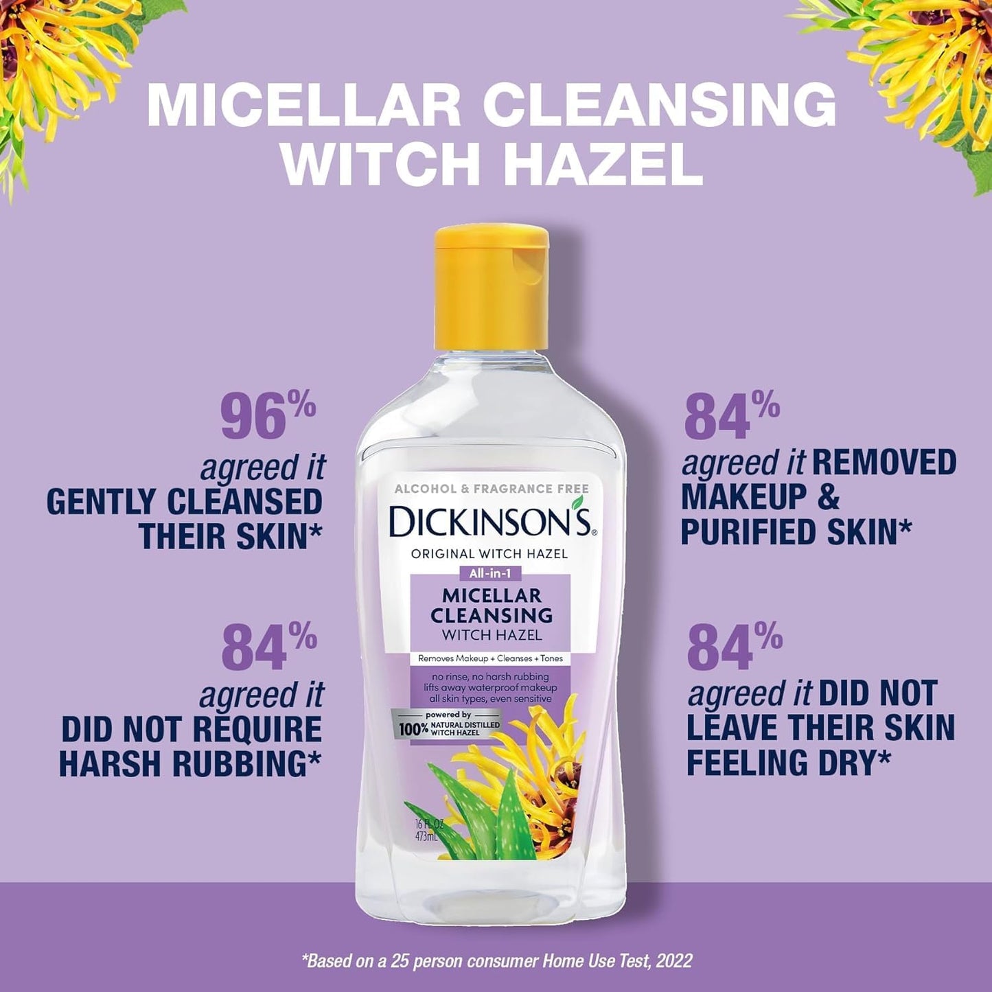 Dickinson's Micellar Cleansing Witch Hazel, An All-in-1 Makeup Remover, Pore Refiner, Skin Cleanser and Toner; Alcohol Free with Aloe, for Sensitive Beauty and Personal Care Dickinson's