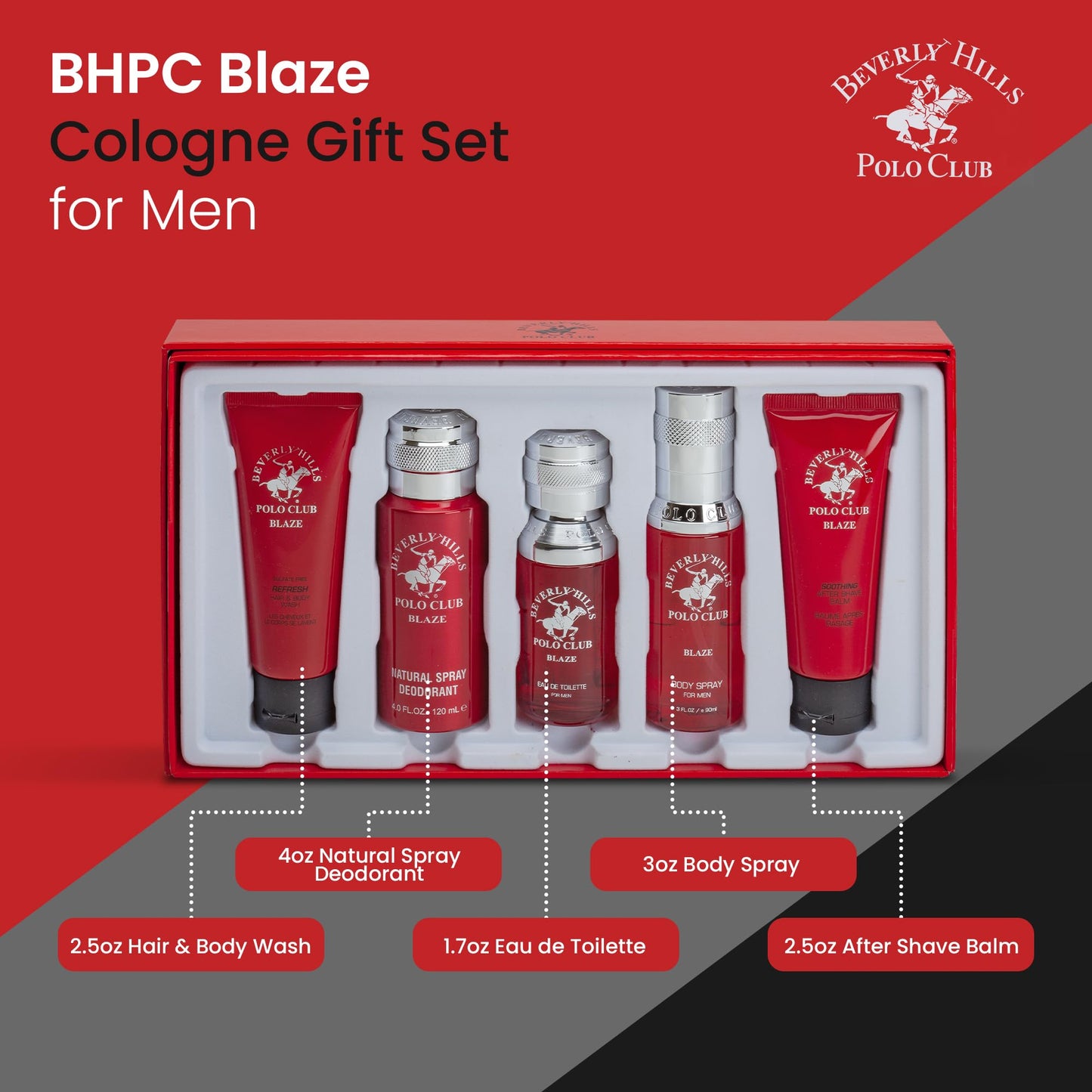 Beverly Hills Polo Club Blaze Men's 5-Piece Luxury Cologne Gift Set - Long-Lasting Spicy Woodsy Fresh Eau de Toilette Fragrance Collection for Him Beauty & Personal Care Beverly Hills Polo Club
