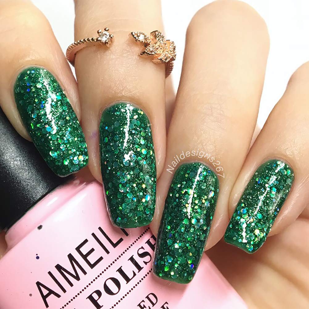 AIMEILI Soak Off U V LED Gel Nail Polish - Diamond Glitter Fire Green (063) 10ml Beauty & Personal Care AIMEILI