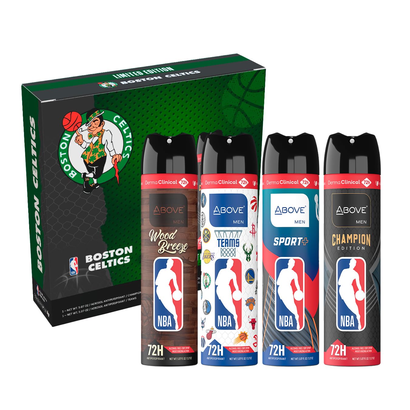 Above NBA Antiperspirant Deodorant Spray for Men - BOSTON CELTICS Team Pack - 4 Scents - 72h - Dry Spray - No Stains - 5.07 oz - Pack of 4 Beauty and Personal Care NBA