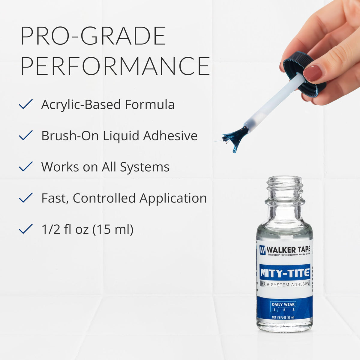 Walker Tape Mity-Tite Brush-On Adhesive 0.5 fl oz, Daily Wear Acrylic Bond for Touch-Ups, Skin-Safe Waterproof Lace Glue Alternative for Human Hair