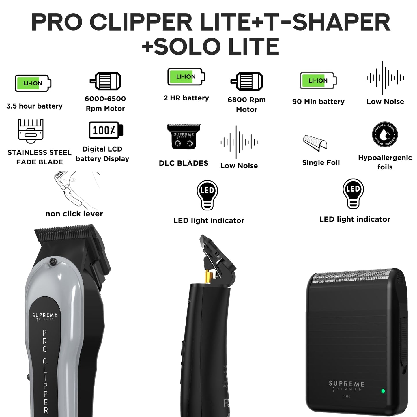 Supreme Trimmer 3-in-1 Barber Bundle - Pro Clipper Lite, DLC T-Shaper Trimmer, Solo Lite Foil Shaver - Professional Beard Trimmer/Clipper Kit - Value Beauty and Personal Care Supreme Trimmer