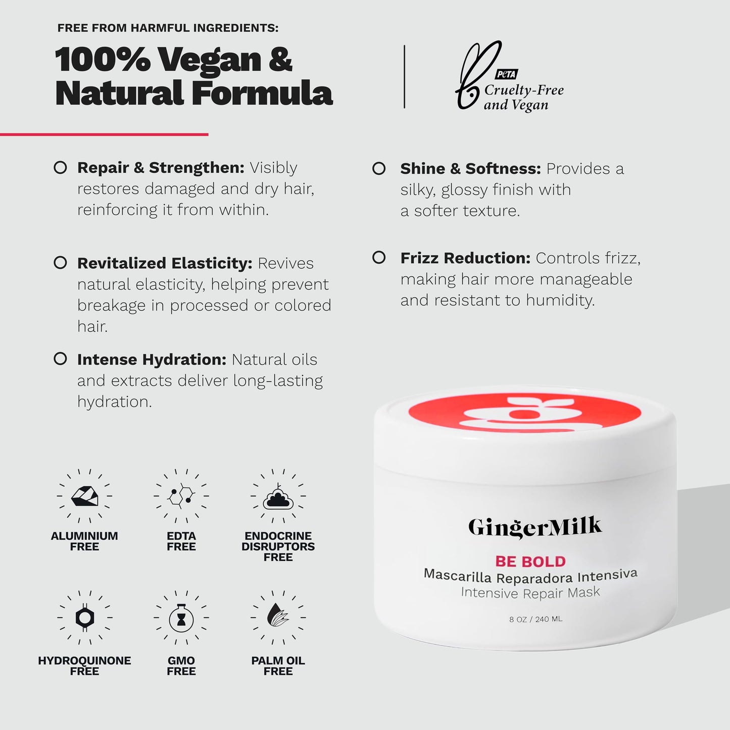 Ginger Milk Natural Care Intensive Repair Hair Mask for Dry/Damaged Hair due to Coloring, Chemical Processes, hot styling tools and dryers | BE BOLD Beauty & Personal Care Ginger Milk Natural Care