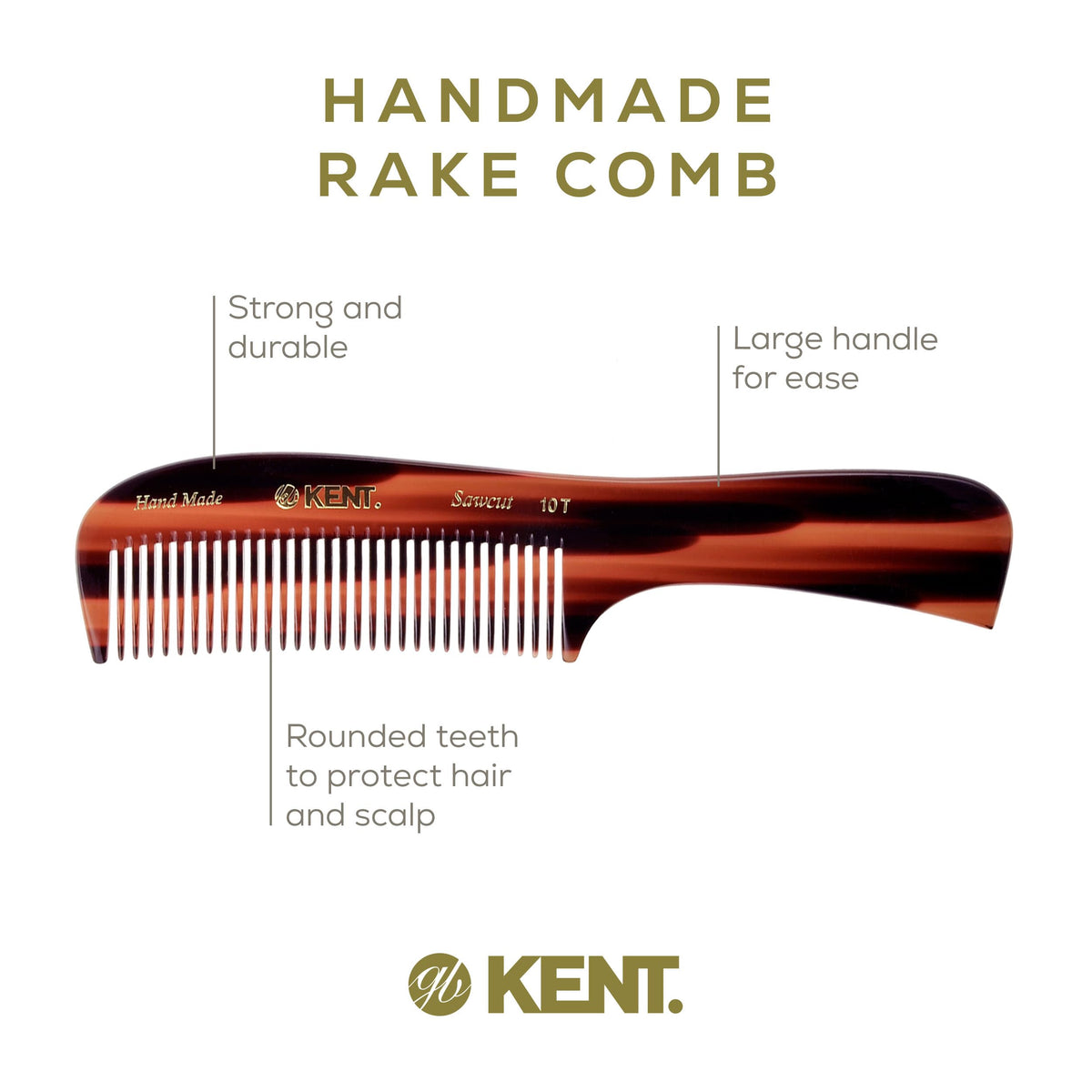 Kent 10T Large Detangler Comb, Handmade Wide Tooth Comb for Curly Hair, Detangling Combs For Wet and Dry Hair, Combs for Thick Hair, Saw-Cut and Hand