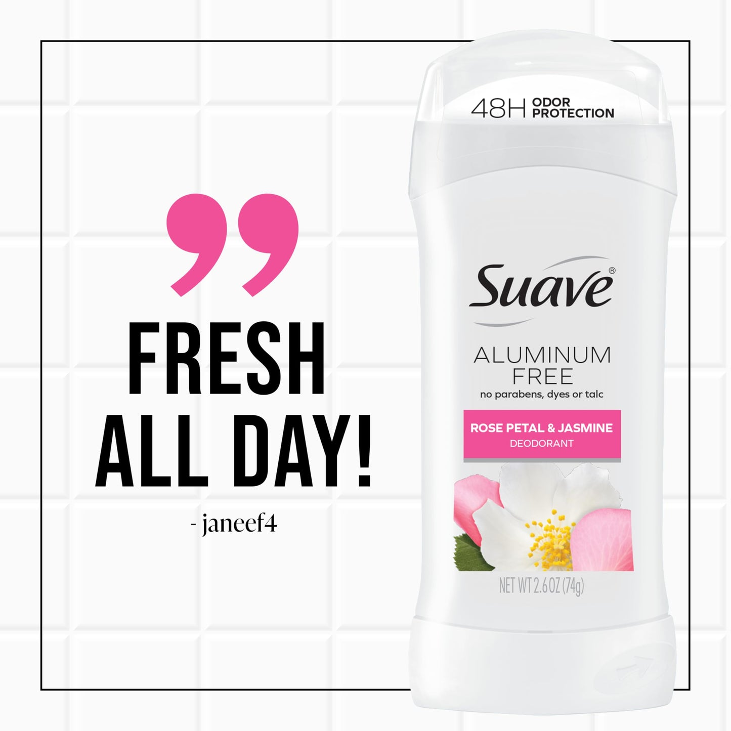 Suave Aluminum Free Deodorant for Women, Rose Petal and Jasmine, 48-Hour Odor Protection, Free of Talc, Parabens & Dyes 2.6 oz (Pack of 12) Beauty and Personal Care Suave