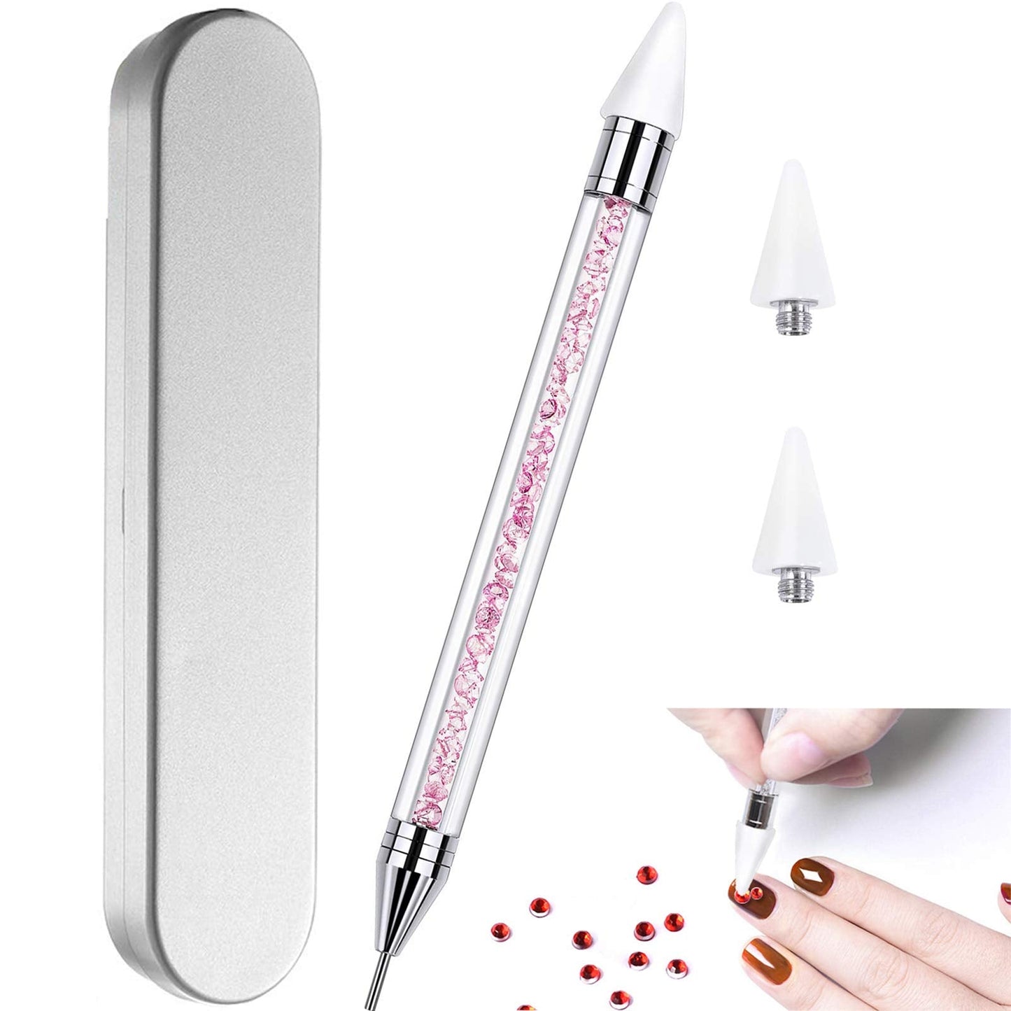 Nail Rhinestone Picker Dotting Tool with Extra 2 Wax Head, Dual-ended DIY Nail Art Tool With Pink Acrylic Handle Beauty and Personal Care HiMo Default Title