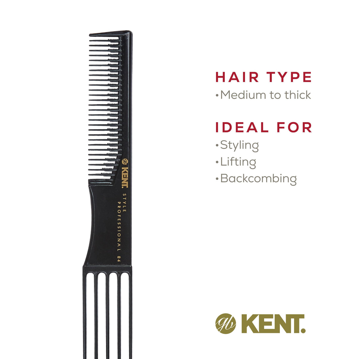 Kent SPC84 Hair Pick Comb for Curly, and Thick Hair - Professional Antistatic Heat-Resistant Prong Fork for Volume and Lift - Barber Teasing Comb for