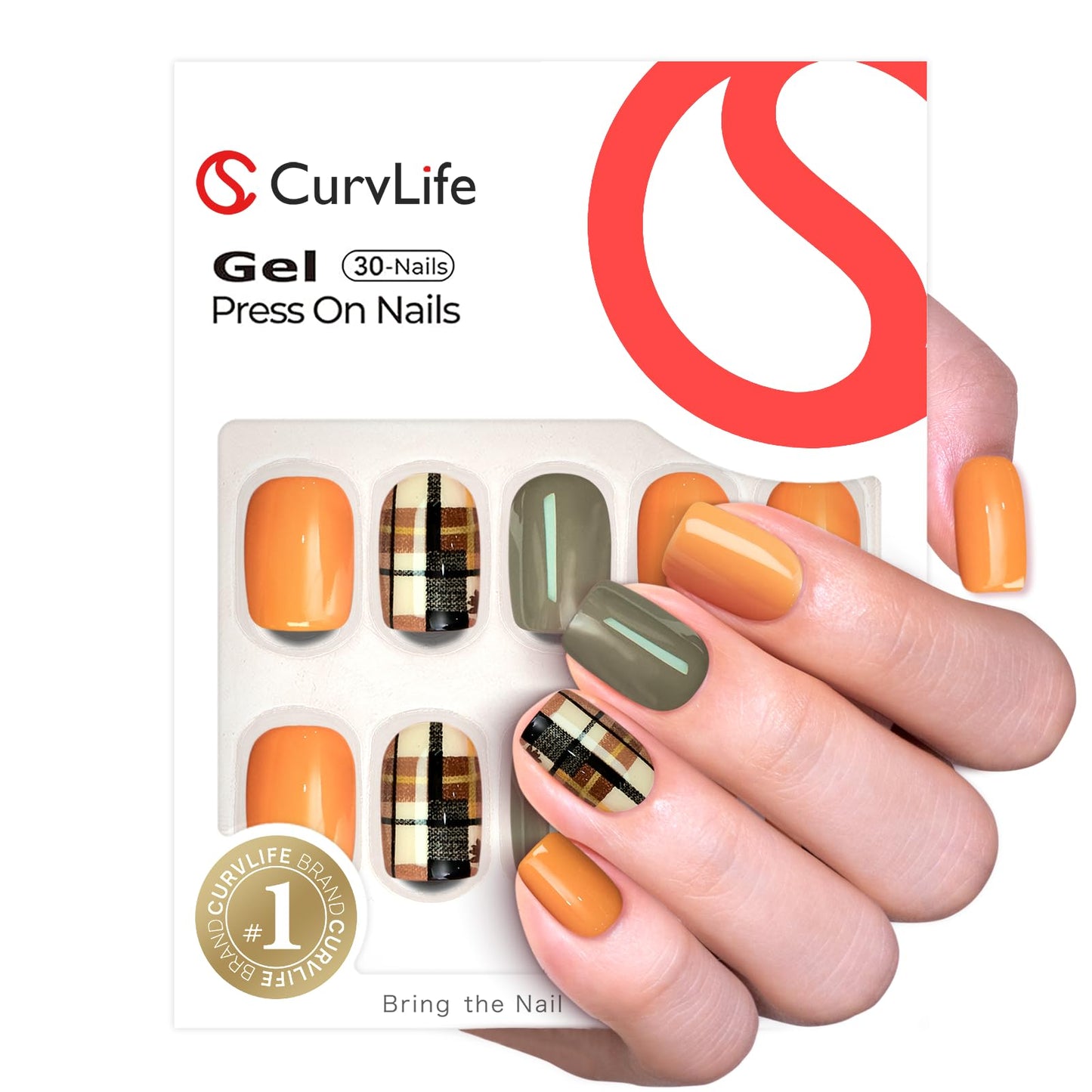 Curvlife Soft Gel Square Press On Nails Short - Mustard and Olive Plaid Reusable False Natural Fit Fake Nails Tips Stick Ons, Salon Quality UV Finish Beauty and Personal Care CurvLife