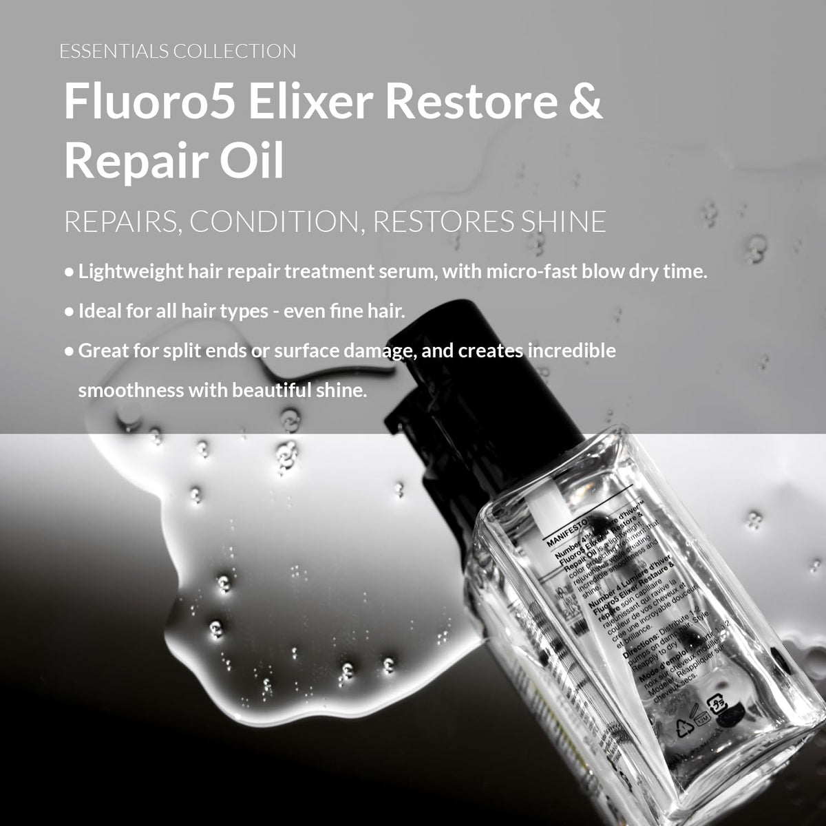 Number 4 Hair Oil, Fluoro5 Elixir Restore & Repair, Anti Frizz Serum for Damaged Hair, 2.0 oz - N4 Hair Care