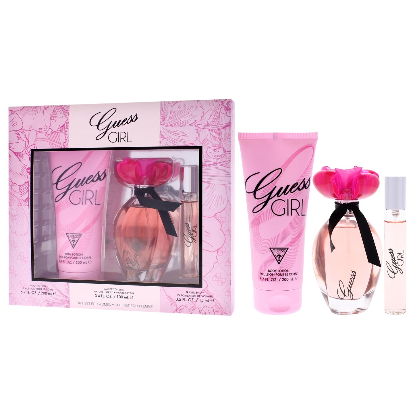 GUESS Girl Eau de Toilette 3 Piece Gift Set - Perfume Spray 3.4 Fl. Oz., Travel Spray 0.5 Fl. Oz., & Body Lotion 6.7 Fl. Oz Beauty & Personal Care GUESS