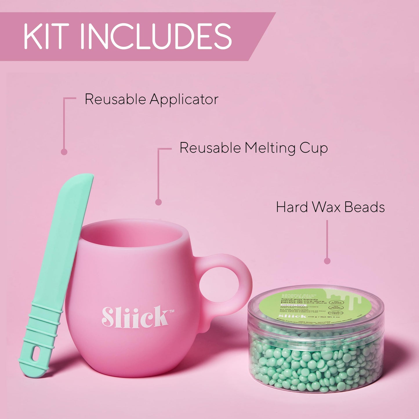 Sliick At Home Waxing Kit for Women, Pink - Coconut Melon, Hard Wax Kit for Hair Removal, Microwave Melting Cup, Applicator & Beads, At Home Wax Set Beauty and Personal Care Sliick
