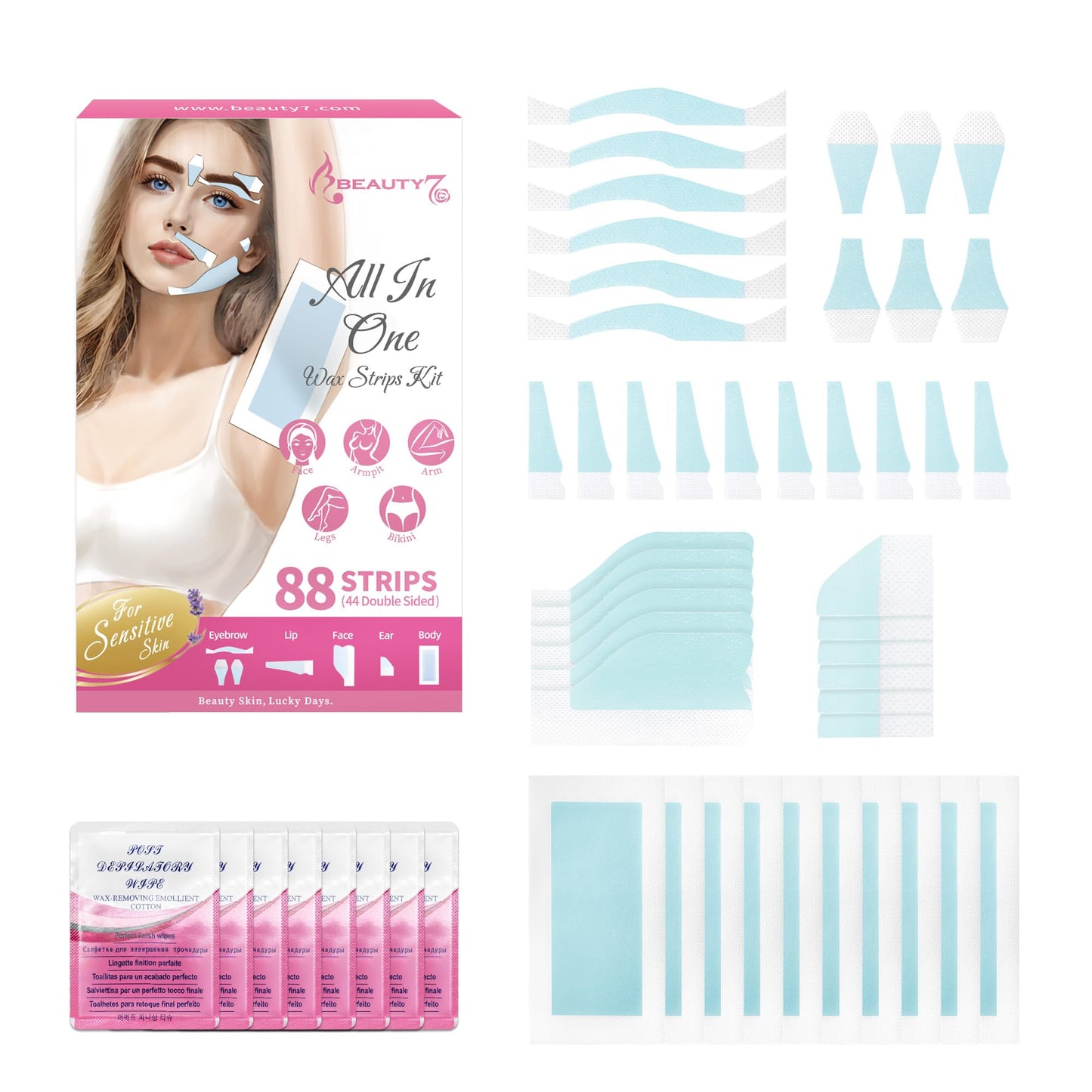 Beauty7 Eyebrow Wax Strips, 88pcs All in One Body Wax Strips, Lip Waxing Strip, Bikini Legs Arms Facial Wax Strip, Hair Removal with 8 Calming Oil Beauty and Personal Care Beauty7